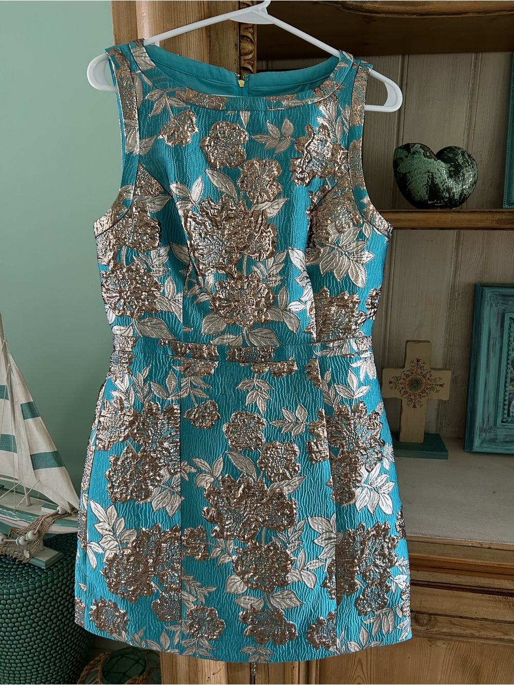 NWOT Lilly Pulitzer Turquoise Dress/ Gold Floral Jacquard Caitie Skirted Romper